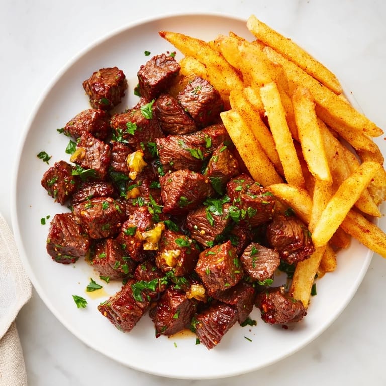 These flavorful Blackened Cajun steak bites with crispy fries are a feast for the senses, ready to enjoy.