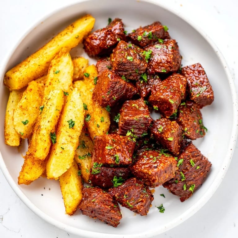 A close-up of tender Blackened Cajun steak bites showcasing spice, with fries piled on a plate.