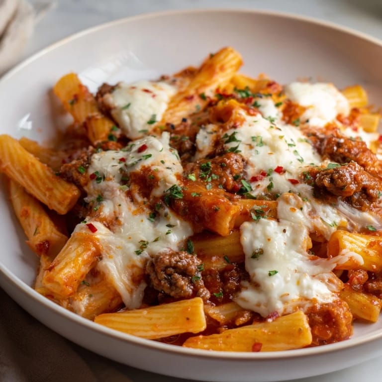A close-up of a steaming hot Cheesy Beef & Penne Bake, showing the tender pasta and browned cheese.