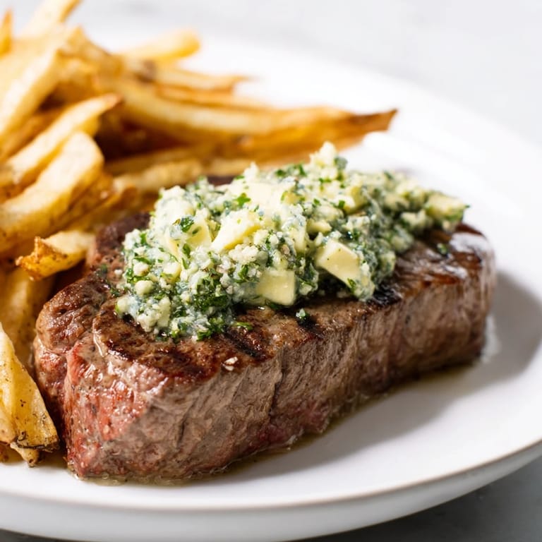 Perfectly cooked Steakhouse Garlic Butter Steak & Fries, served with piles of golden, crispy, seasoned fries on a plate.