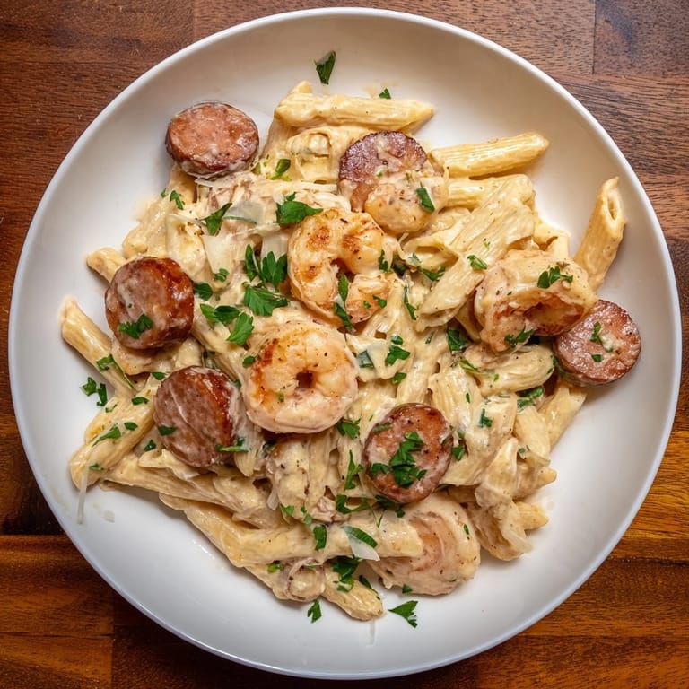 A close-up of a skillet filled with Cajun Sausage & Shrimp Alfredo Pasta, garnished with fresh parsley.