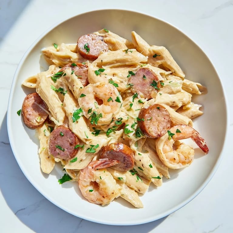 This image shows a steaming bowl of flavorful Cajun Sausage & Shrimp Alfredo Pasta Skillet, ready to enjoy.