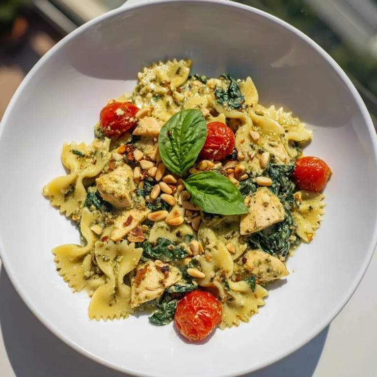 This enticing bowl of pesto chicken bowtie pasta features colorful tomatoes, spinach, and fresh basil garnish.