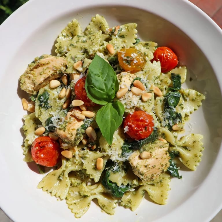 Imagine the flavors: delicious pesto chicken bowtie pasta, perfectly cooked and ready to serve for dinner.