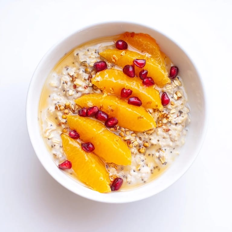 Vibrant Overnight Oats with Persimmon, adorned with ruby pomegranate seeds, ready for a healthy and tasty meal.