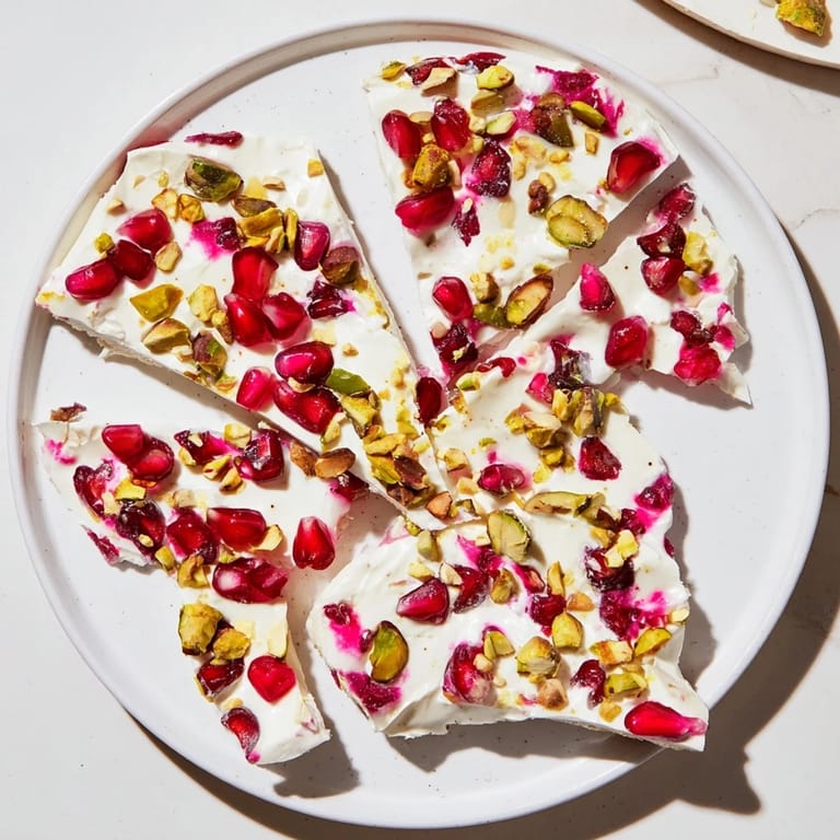 Homemade Frozen Yogurt Bark topped generously with juicy pomegranate, a refreshing, healthy treat.