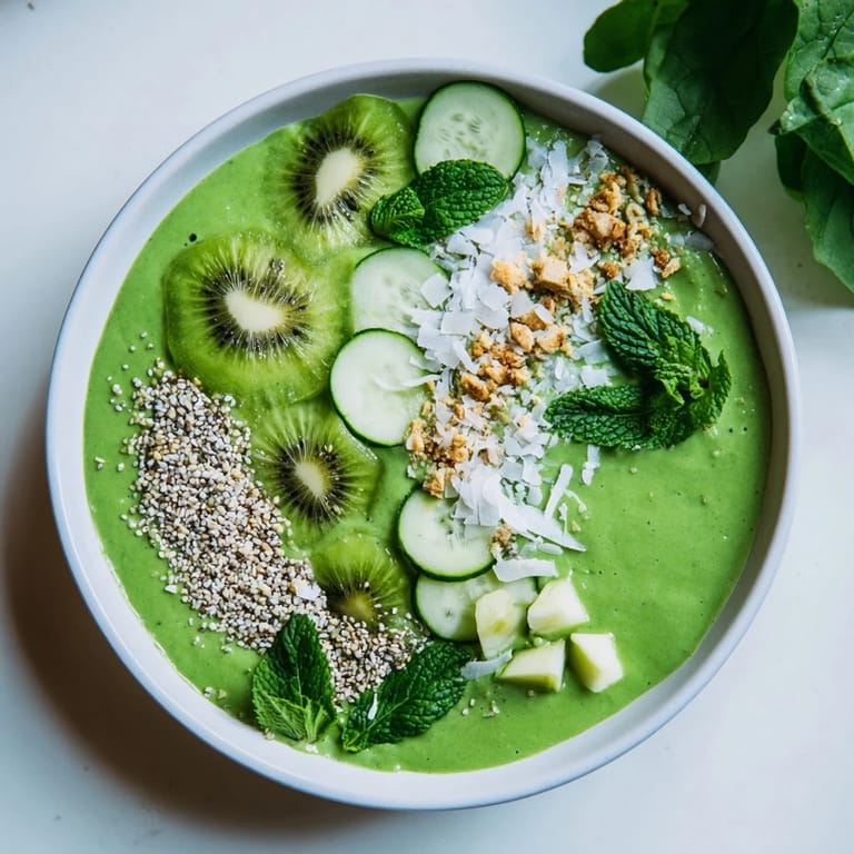 Creamy green Green Smoothie Bowl, a breakfast delight brimming with fresh cucumber and hemp seeds.