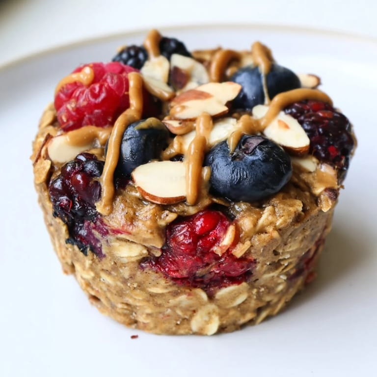 Warm, hearty baked oatmeal cups with a glistening berry topping, ideal for a wholesome breakfast.