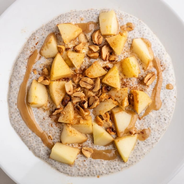 A close-up of a layered Apple-Chia Pudding, showcasing a rich peanut butter drizzle.