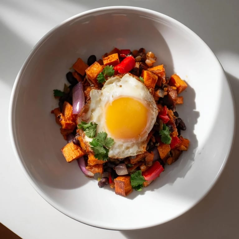 Fragrant Sweet Potato & Black Bean Breakfast Hash simmering in a skillet, brimming with colorful veggies and spices.
