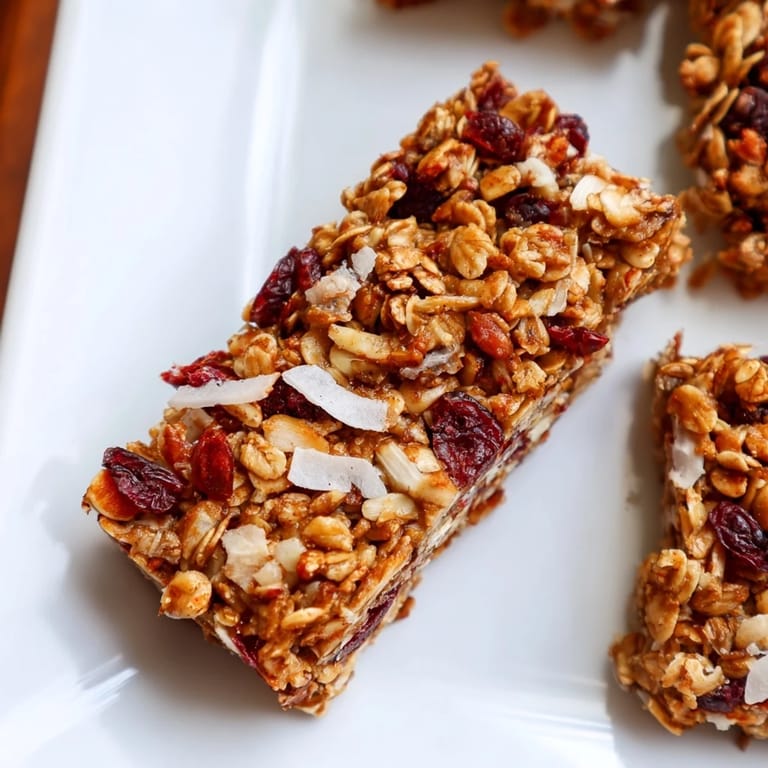 A close-up of delicious, chewy Roasted Pumpkin Seed & Cranberry Granola Bars, bursting with flavor.