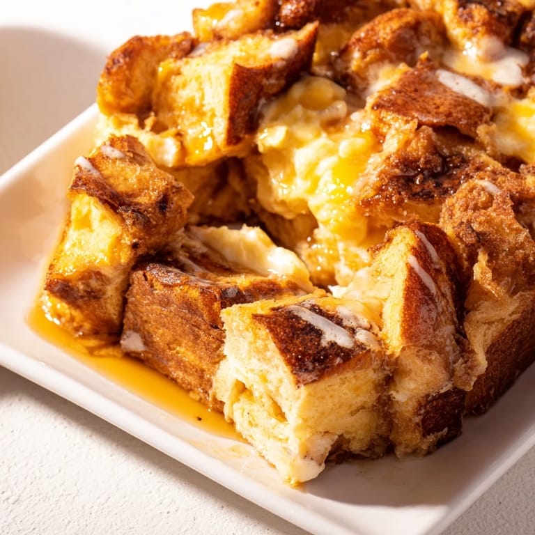 A comforting baked French Toast Bake with glistening, caramelized topping, perfect for serving with fresh berries.