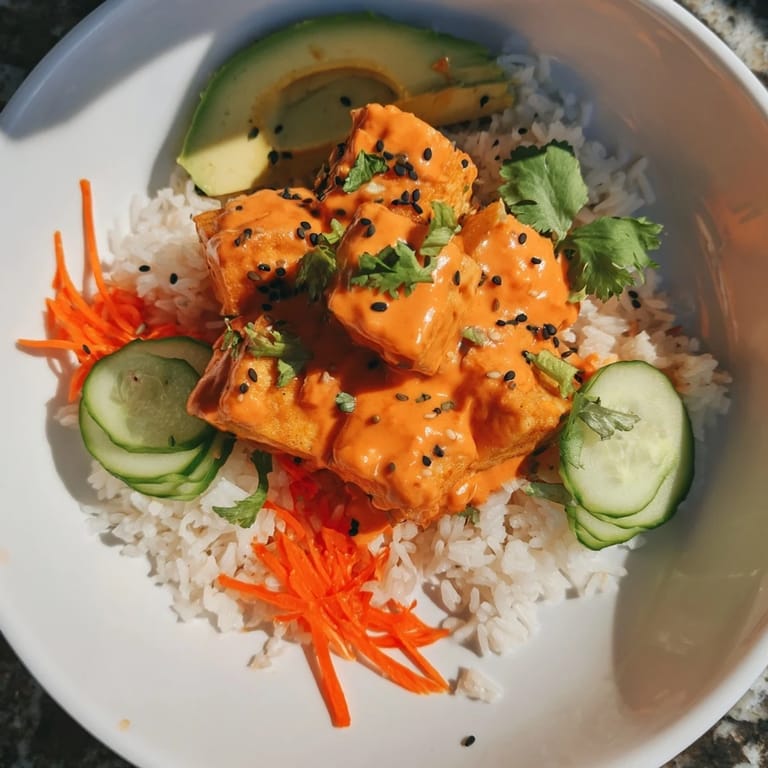 A close-up view of flavorful Chili-Mayo Baked Tofu Bowls, ready to eat, over fluffy jasmine rice.
