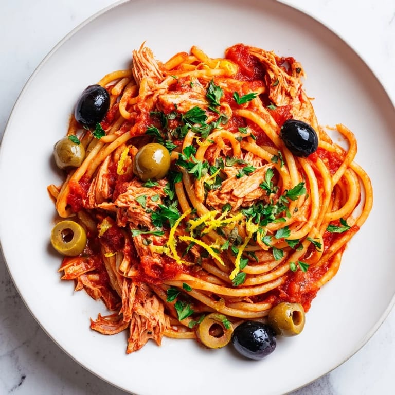 Aromatic Pasta with Tuna, Olives & Capers, showcasing flaky tuna, olives, and zesty lemon garnish.