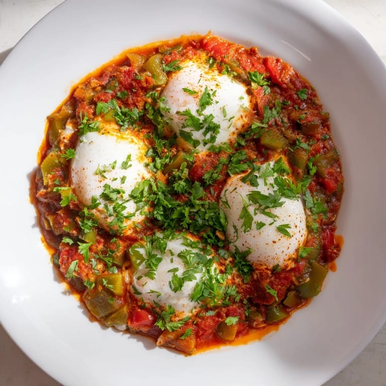 Fragrant Shakshuka, a Middle Eastern egg dish, served with warm crusty bread for dipping into the sauce.
