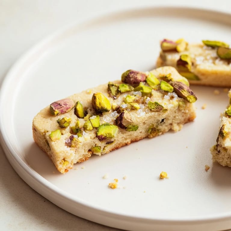 Close-up of freshly baked Salted Pistachio Shortbread, showing a perfect, tender crumb studded with nuts.