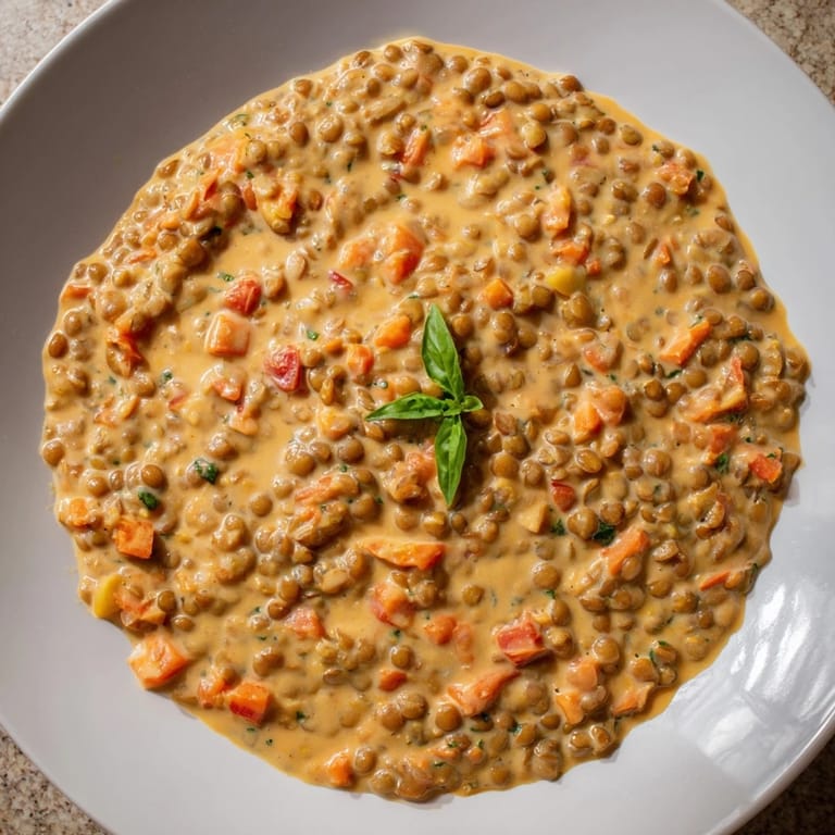 Delicious Creamy Tomato Basil Lentil Bolognese served over spaghetti, offering comforting, savory vegan flavors.