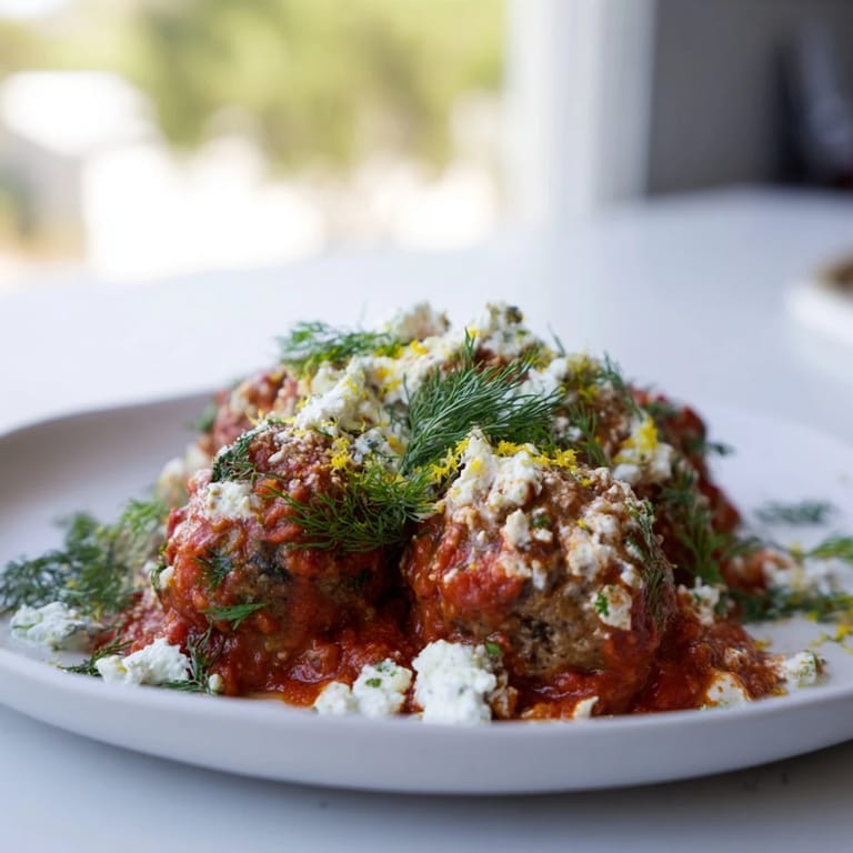 A colorful plate of Instant Pot Greek Meatballs with Lemon-Feta Sauce: a bright, delicious meal ready to serve.