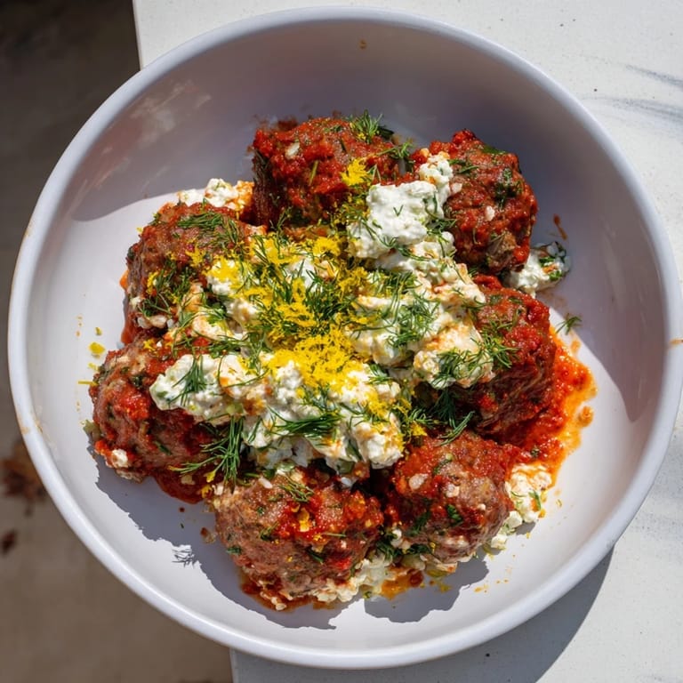Tender, juicy Instant Pot Greek Meatballs, smothered in vibrant sauce and topped with tangy lemon-feta.