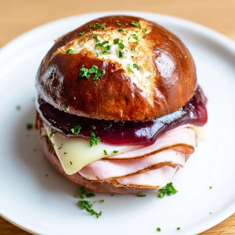 Savory ham and Swiss cheese layers in these warm, delicious cherry-glazed ham sliders, perfect for sharing.
