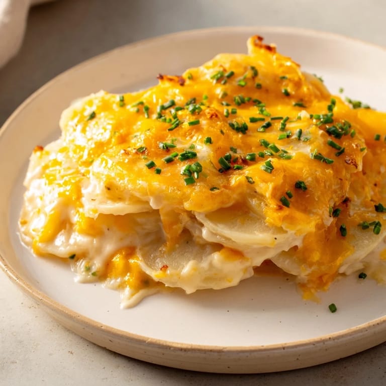 A close-up of creamy cheesy scalloped potatoes, bubbling and perfect for a family dinner.