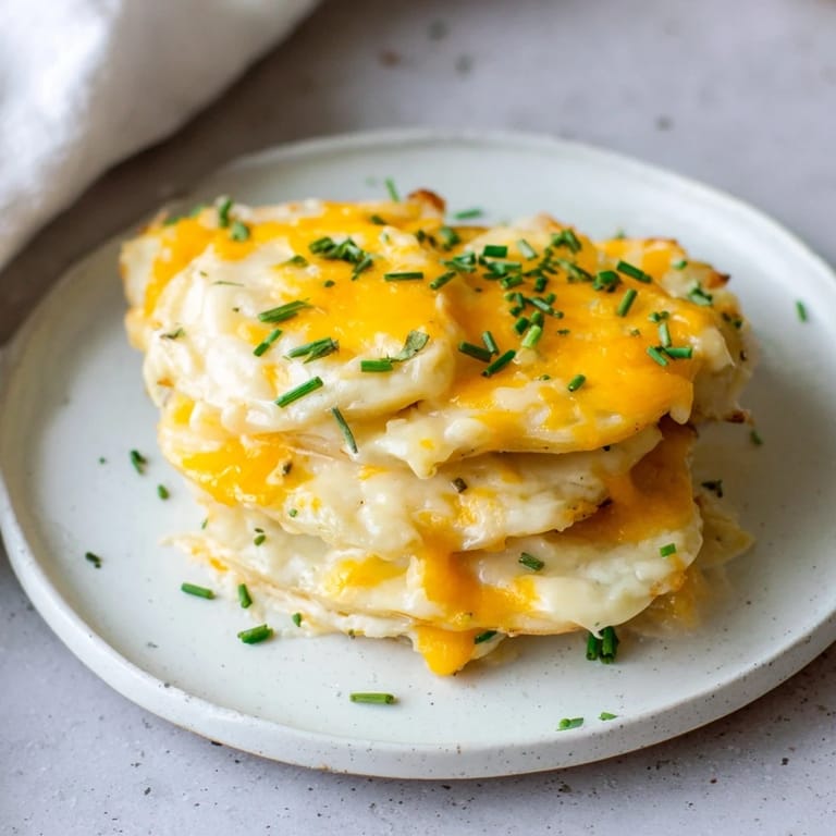 Layered cheesy scalloped potatoes, tender potatoes baked in a rich cheddar cheese sauce.