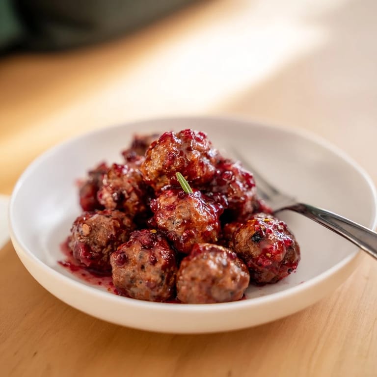 Close-up of warmly sauced cherry-glazed meatballs: the tangy sauce coats each tasty meatball.