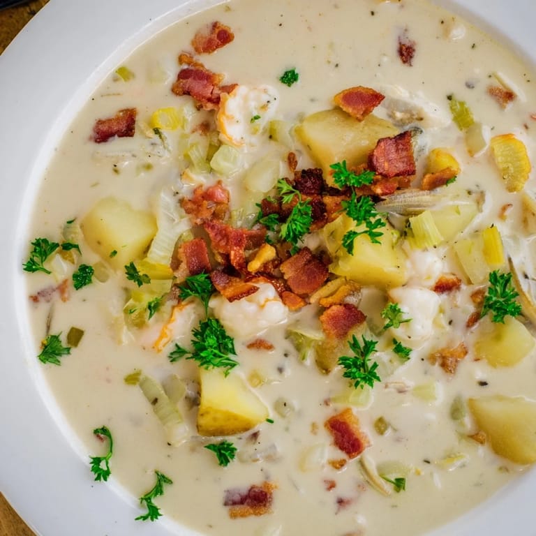 Thick and hearty New England Clam Chowder: a comforting, classic soup with smoky bacon and herbs.