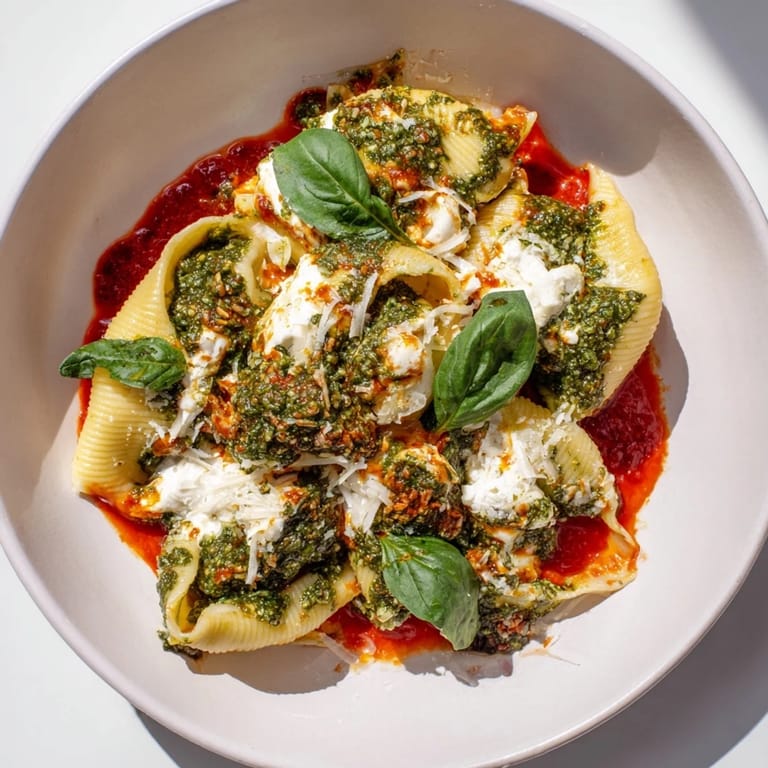 Creamy ricotta and vibrant pesto filling generously stuffed inside jumbo pasta shells, ready to be enjoyed.