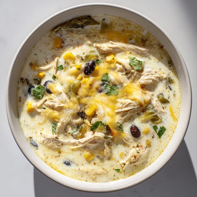 Close-up of hearty Chicken Poblano Soup, showcasing the tender chicken and colorful vegetables.