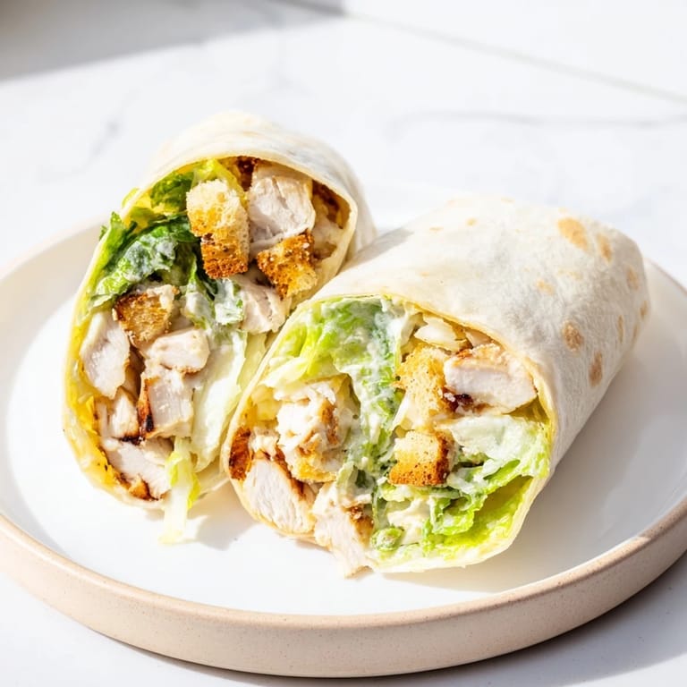 Perfectly wrapped Chicken Caesar Wraps, bursting with creamy filling. A quick and easy lunch idea.