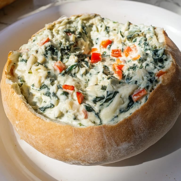A close-up of a festive Express Holiday Spinach Dip bread bowl, oozing creamy, cheesy goodness, ready to share.