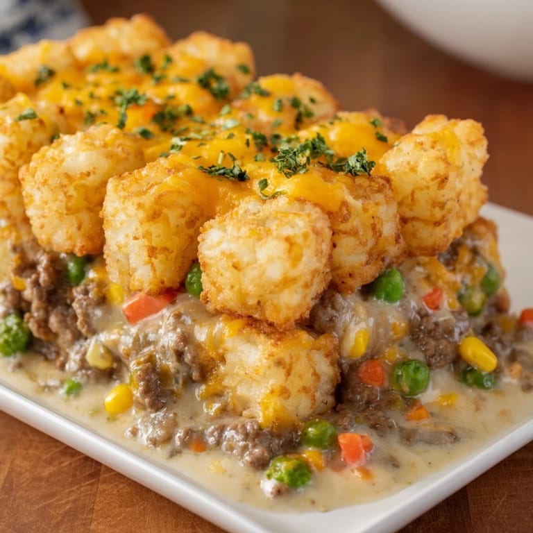 Warm and savory Quick Christmas Tater Tot Casserole has a creamy ground beef and veggie filling.