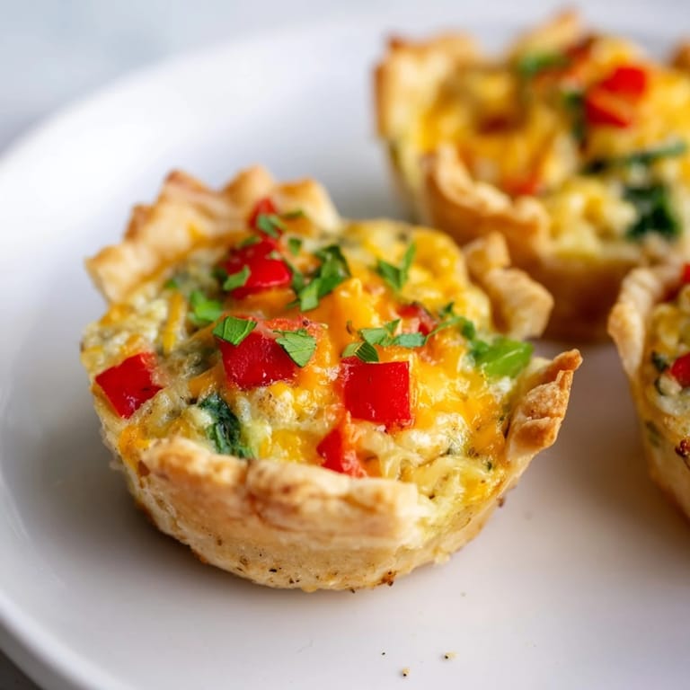 Freshly baked Easy Festive Mini Quiche Cups, perfect for a brunch, with visible colorful vegetables.