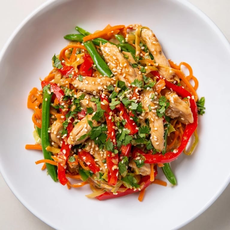 A colorful view of Lemon-Garlic Chicken Stir Fry with Noodles; you can almost smell the zesty lemons.