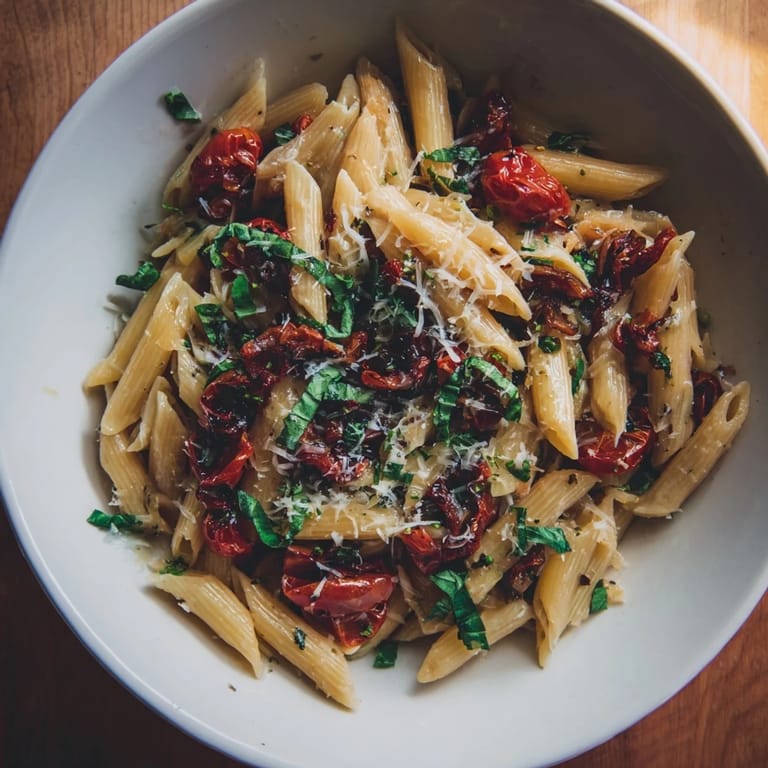 A close-up of steaming Baked Tomato & Olive Oil Pasta, highlighting the vibrant red tomatoes and basil.