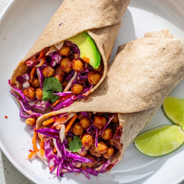 Close-up of a halved BBQ Chickpea & Slaw wrap, revealing the textures of the plant-based fillings.