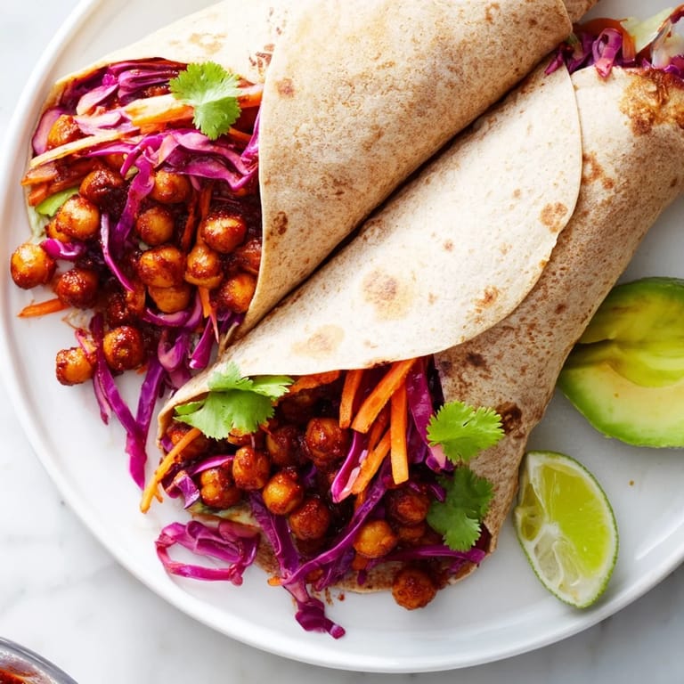 Freshly assembled BBQ Chickpea & Slaw wraps, showcasing layers of crunchy slaw and creamy avocado.
