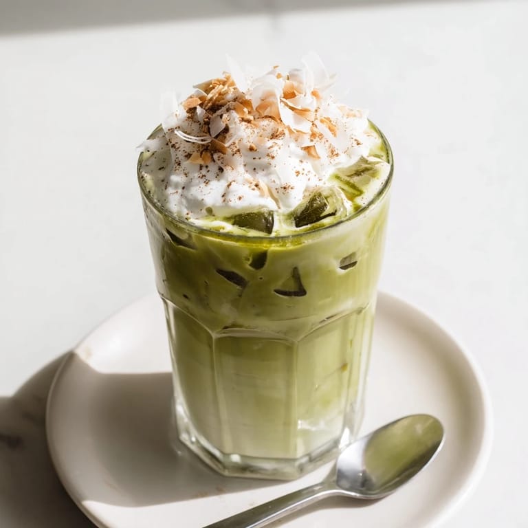 Imagine the warming spice: a beautiful Toasted Coconut Gingerbread Iced Matcha, perfect for the holidays.