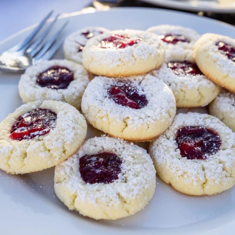 A close-up of finished Matcha cranberry shortbread thumbprint cookies, perfect for a festive dessert platter.