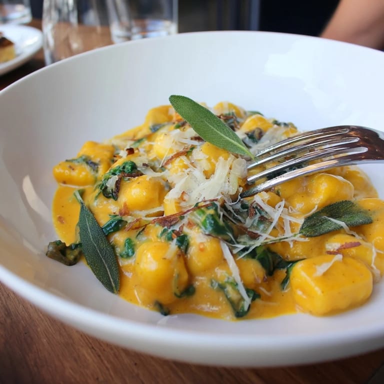 Golden, steaming one-pot creamy pumpkin sage gnocchi pasta drizzled with Parmesan cheese and sage.
