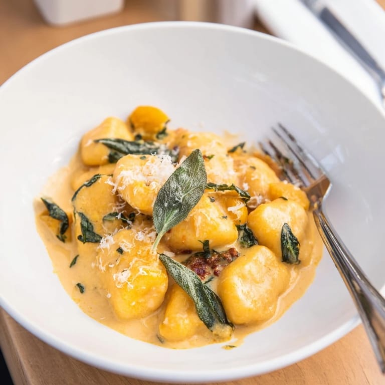 A close-up of the flavorful creamy pumpkin sage gnocchi pasta, perfectly plated for a comforting meal.