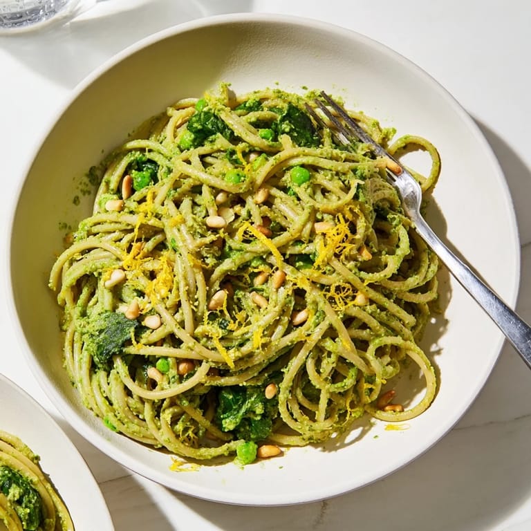 A bowl of vibrant Green Pea & Spinach Elf Green Protein Pasta, topped with lemon zest, ready to be enjoyed.