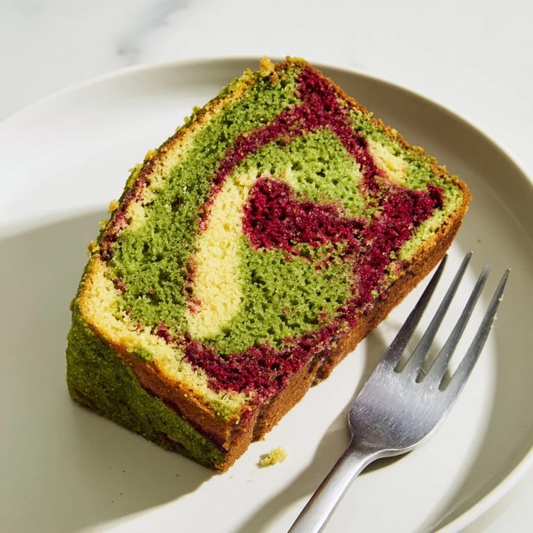 A close-up of a freshly baked Red & Green Swirl Matcha Marble Pound Cake shows swirling layers.