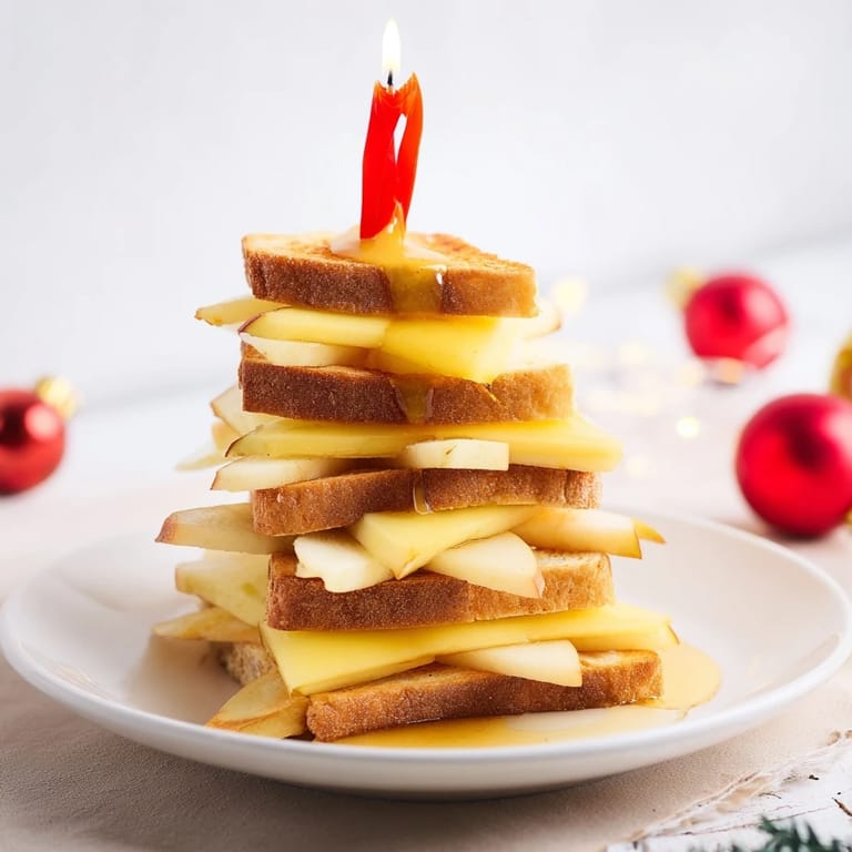 Festive Brie, Apple & Honey Christmas Candle Grilled Cheese, styled like a candle with honey drizzle, ready to serve warm.