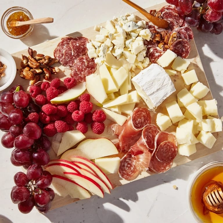 The Lace & Pearls Elegant Board features a stunning array of gourmet cheeses, charcuterie and fresh fruits.