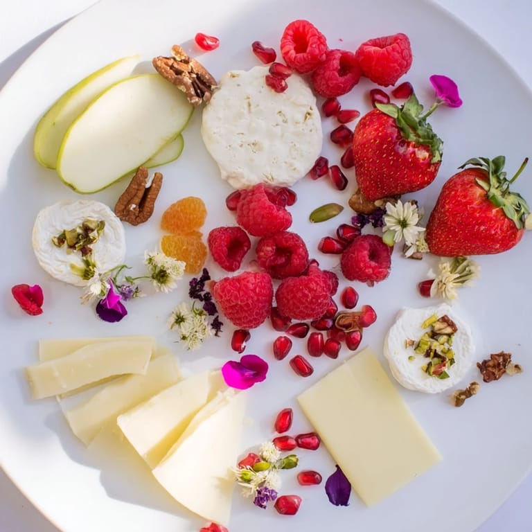 This Rose Garden Romantic Platter features a delightful collection of cheeses, fruits, and rose petal jam.