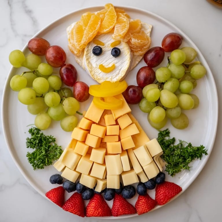 Artfully arranged cherub angel snack tray with brie cheese, grapes and colorful berries ready to serve.