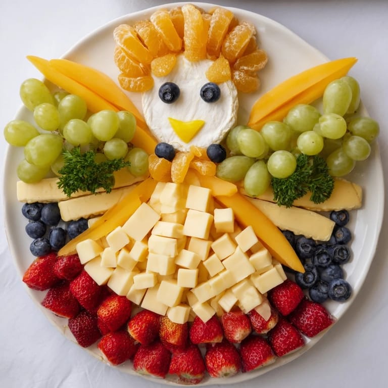 A festive cherub angel snack tray, bursting with fresh fruit and cheese, perfect for a party appetizer.