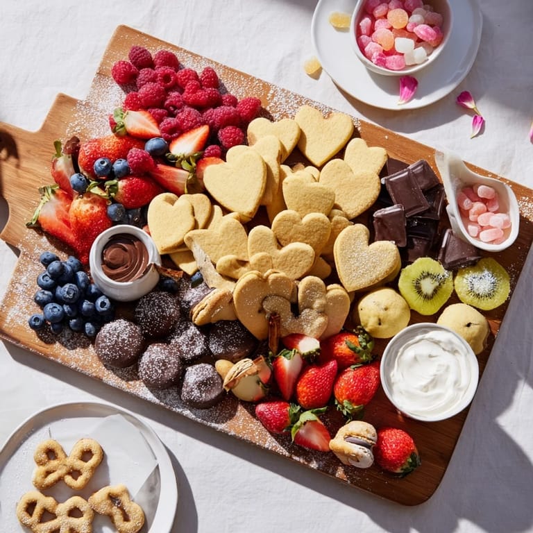 This Love Letter Dessert Board showcases a colorful array of sweet, tempting dessert ingredients, ready to eat.